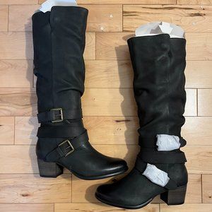 Elizabeth Ann Scrunchy Black Grey Buckled Tall Boot (Sz 8.5)